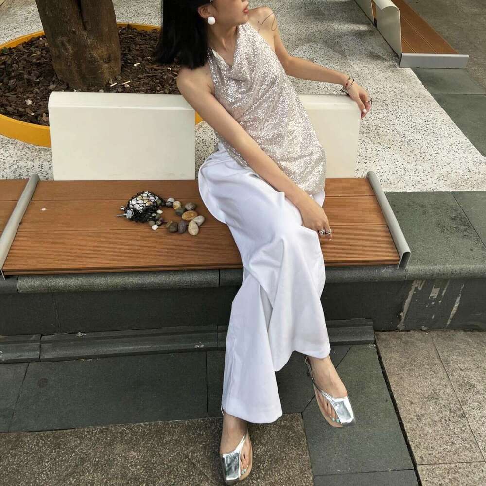 Genuine Leather Niche High-End Half-Covered Open-Toe Women 2024 Summer Square Toe Toe-Post Flat Sandals for Outdoor Wear