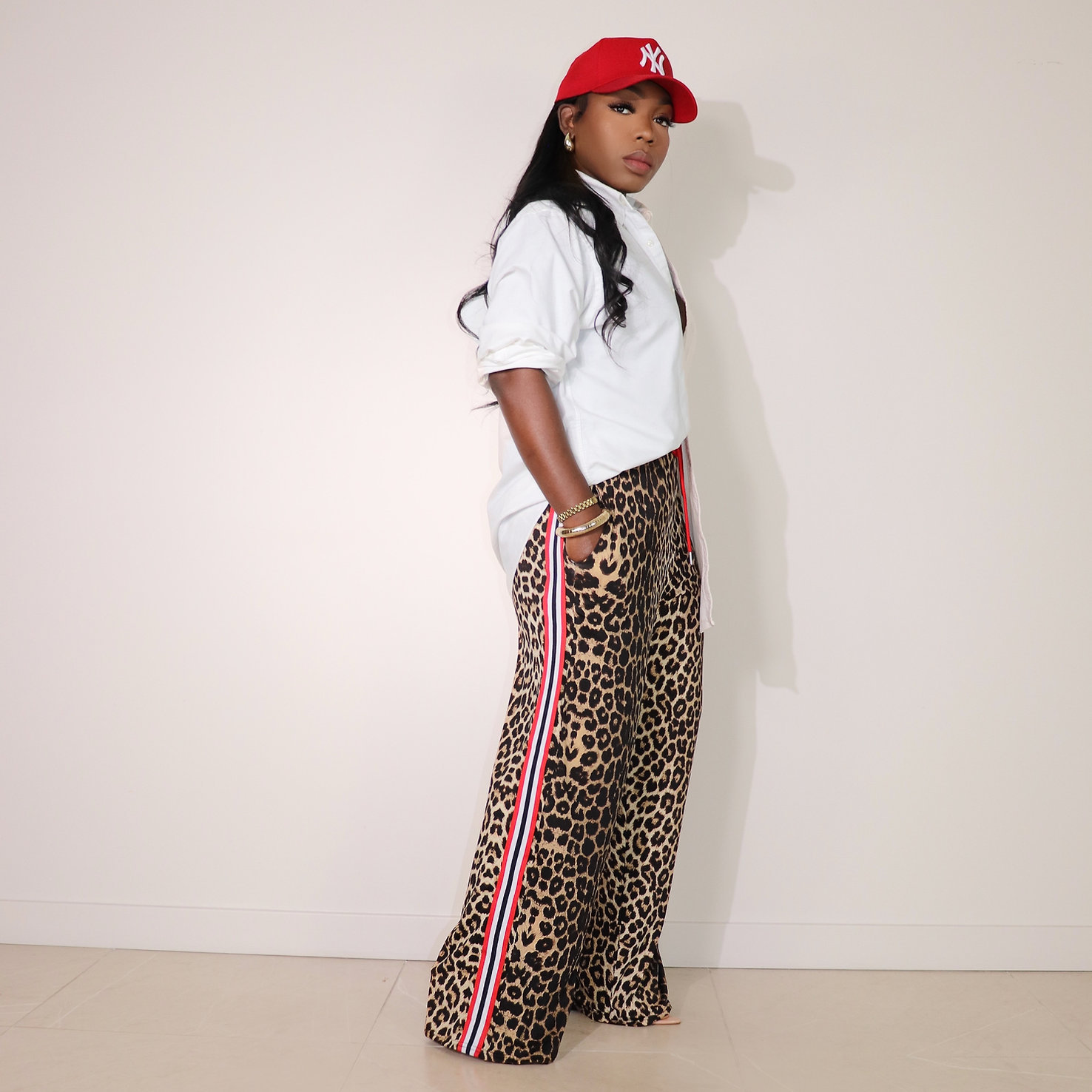 Leopard Wide Leg Women Casual High Waist Straight Pants Female Trouser Free Ship Z260314