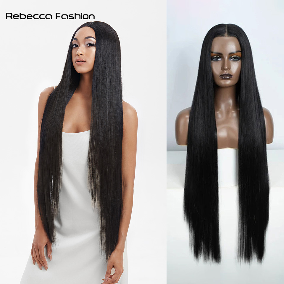 Rebecca Fashion 13*6*1 Synthetic Lace Front Wigs 38 inch Straight Long For Black Women High Temperature Fiber Middle Part Blonde Highlight Cosplay Wig