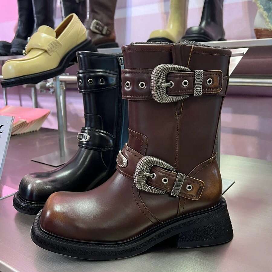 Milad Style Tube Riding Boots, Distressed Martin for Women, Autumn and Winter Thick Sole Chunky Heel Belt Buckle Short Boots