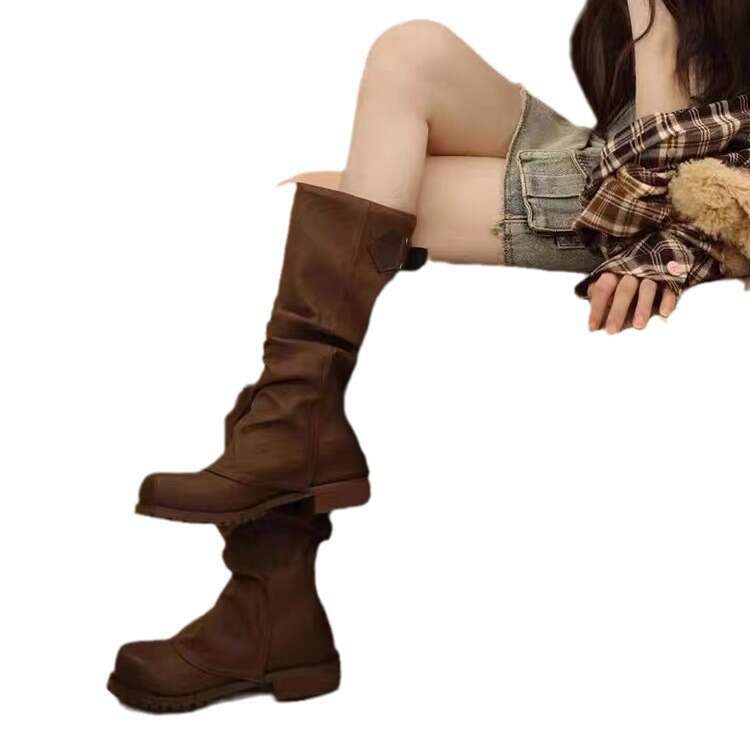 American Style Niche Pleated Slouch Mid-Calf for Women 2024 New Thick Heel Platform Riding Long Boots