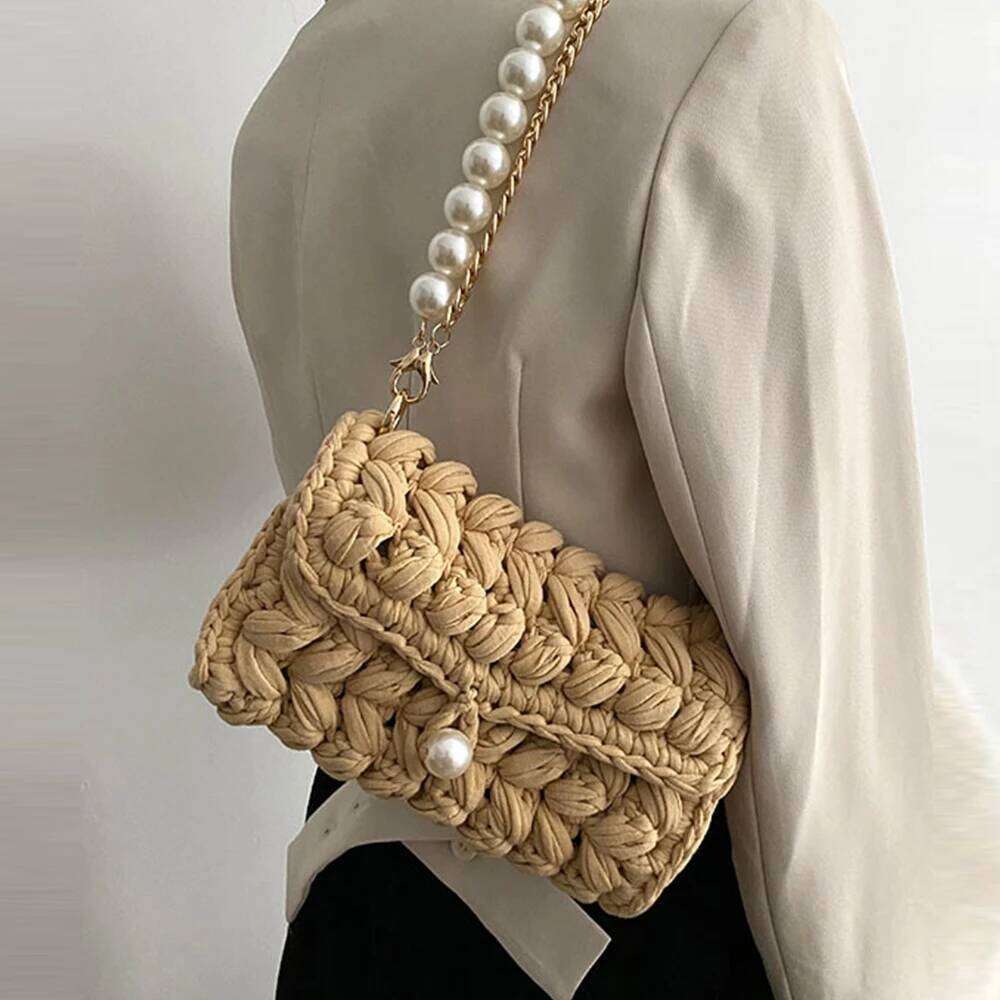 Women's Bags Designer Handmade Rope Crochet Women's Shoulder Designer Knitting Crossbody Bags For Women Handbags Pearls Chains Sling Bag Tot