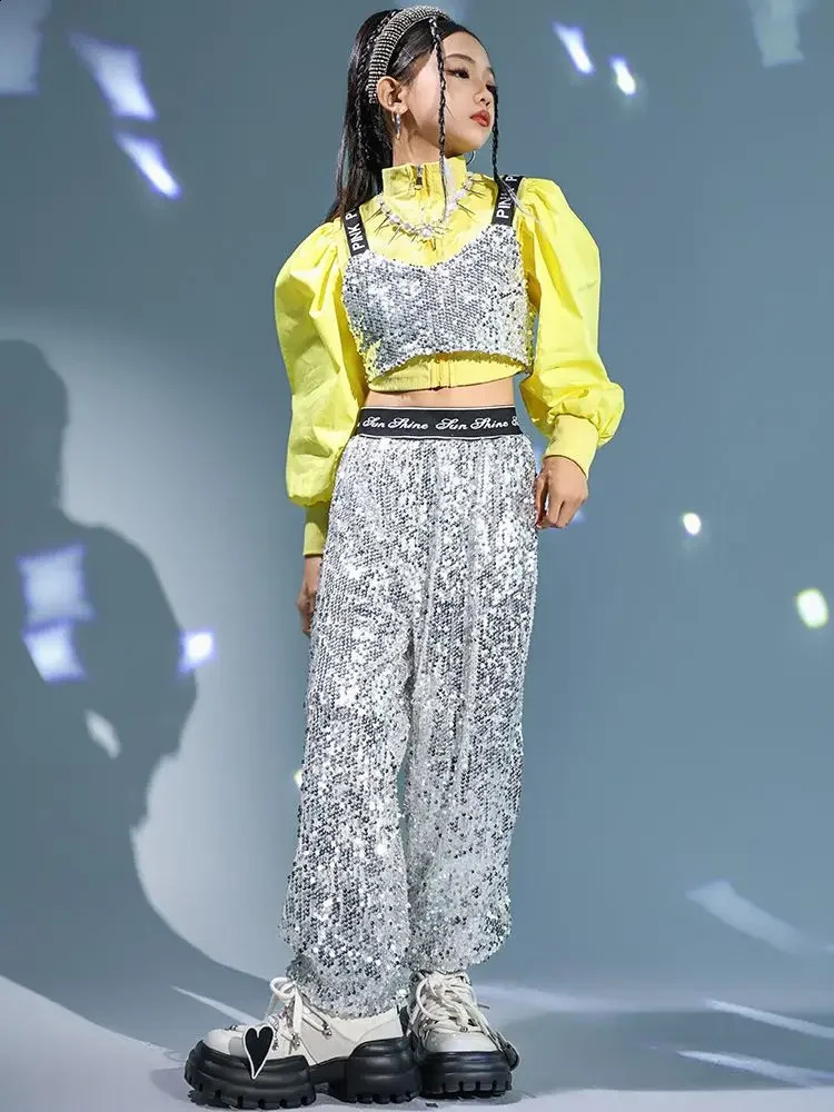 Girl Jazz Dance Costume Clothes Kid Hip Hop Clothing Yellow Puff Sleeve Crop Top T Shirt Tank Silver Sequined Casual Pants 250528