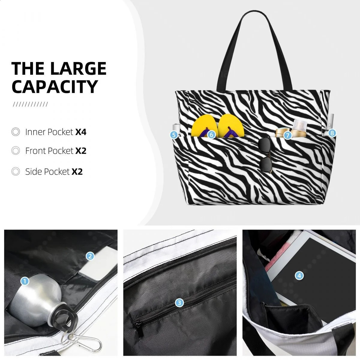 Zebra Stripe Travel Tote Bag Large Sandproof Beach with Zipper and Pockets for Womens Vacation Gym Travel 250528