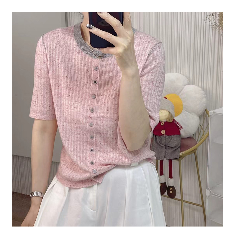 Summer thin women's T-shirt color collision round neck single-breasted fine pit leisure short-sleeved knit shirt