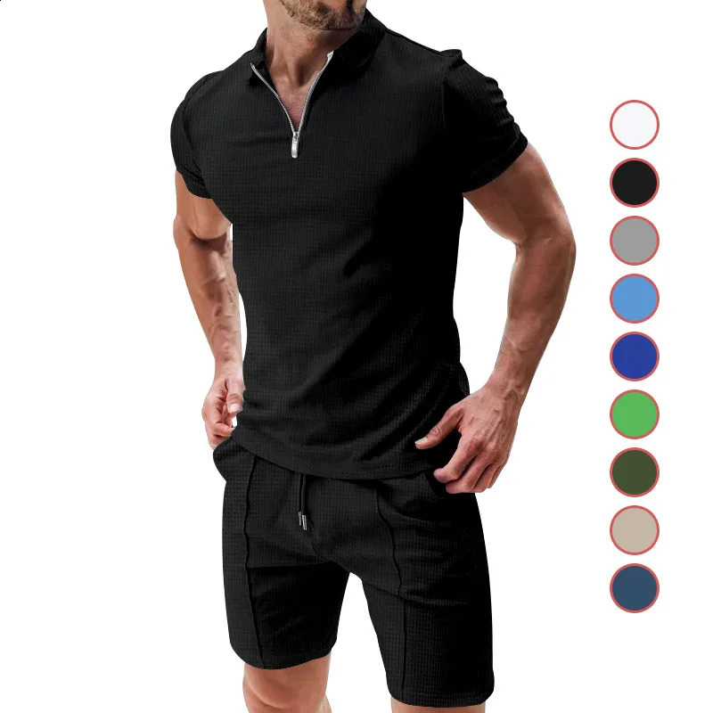 2024 Mens Suit Summer Casual Sportswear Waffle Solid Color Loose Lapels Tshirt and Shorts TwoPiece Set 250520Z