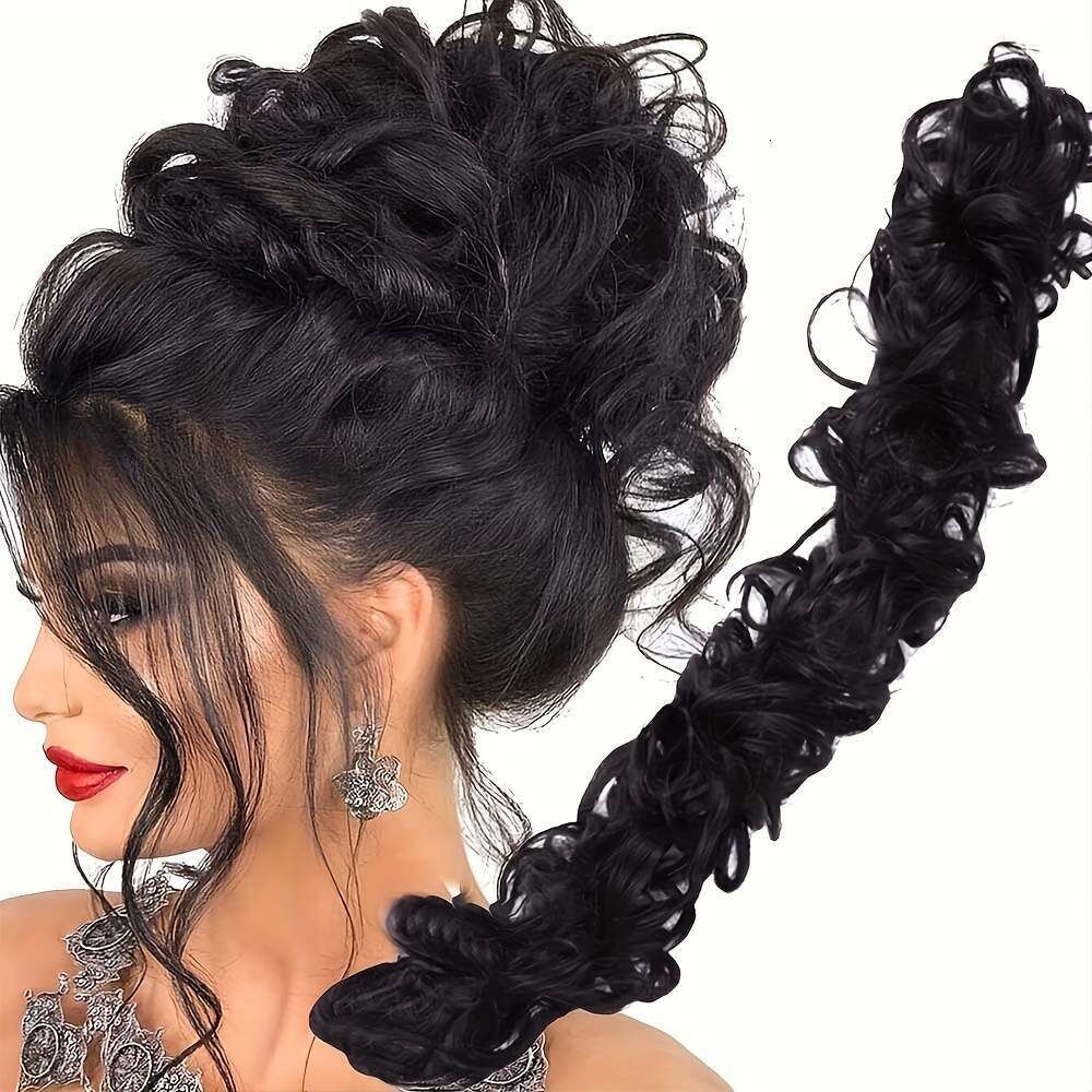 One Pack 20inch Long Messy Bun Extensions, High-Temperature Fiber Material, Multi-Functional Brown Black Curly Hair Styling, Suitable for Women Girls 