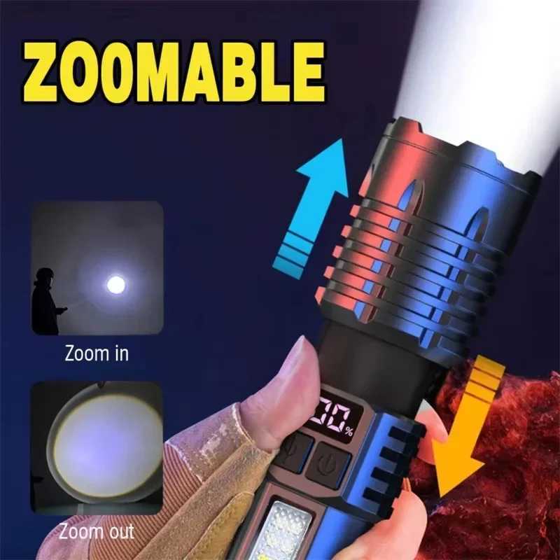 High Power Rechargeable LED Flashlight Strong LED Flashlight Portable Emergency With Side Light Torch For Outdoor Camping Hiking XJ250529