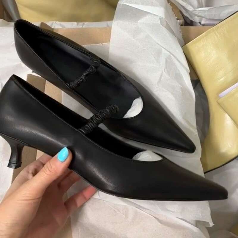 Genuine Leather French Pointed Toe Stiletto Shallow Mouth Single Strap Women's Shoes 2025 New Spring Summer Elegant Cat Heel High Heels