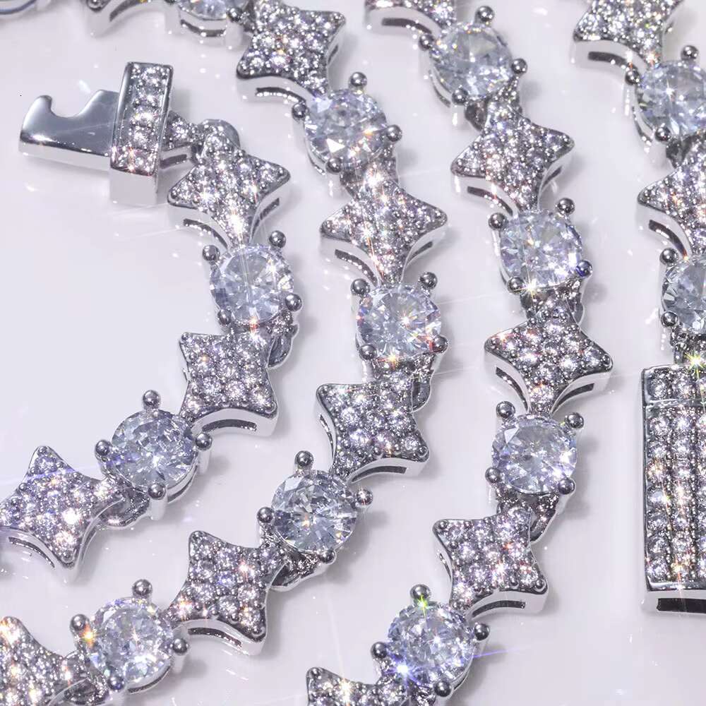 NUOYA Hiphop Custom Star Shape Round Cut Shiny VVS Moissanite Chain 6mm 925 Sterling Silver Tennis Chain Womens Fine Jewelry
