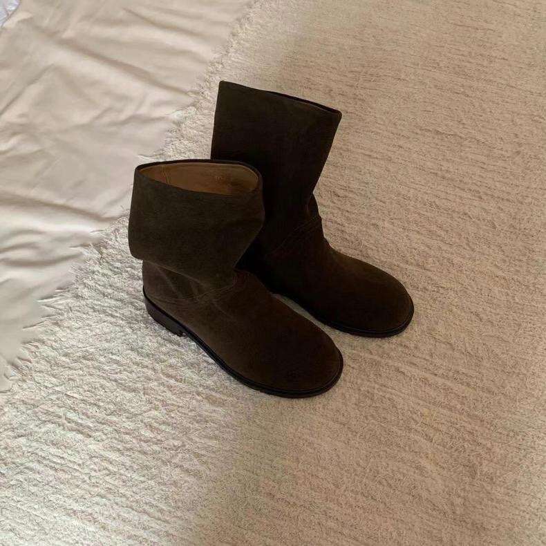 Niche Suede Round Toe Western Cowboy for Women 2024 New Thick Heel Pull-On Martin Slim Boots