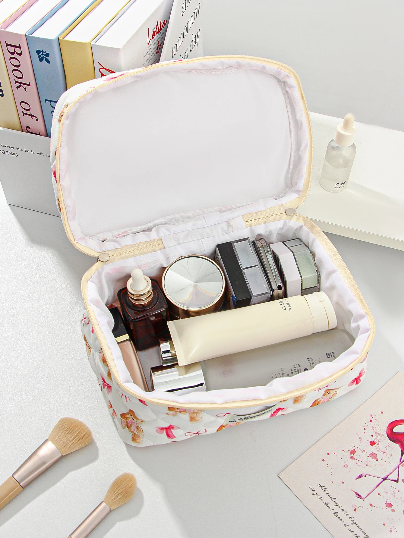 Cute Small Bear Pattern Makeup Bag Set Quilted Cosmetic Aesthetic Travel Toiletry Bags 250528