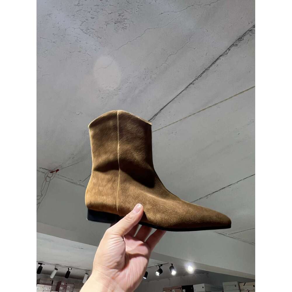 Korean Style Genuine Leather Suede Pointed Toe Chunky Heel Flat Skinny Short Western Cowboy Women's Martin Boots