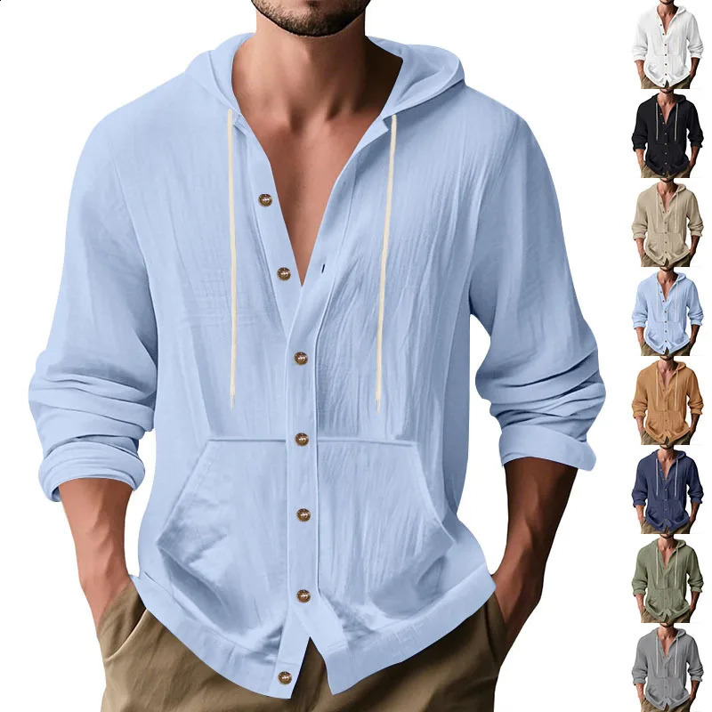 Cross-border Spring and Autumn American Loose Mens Loose Linen Casual Simple Beach Hooded Long Sleeve Shirt 250527