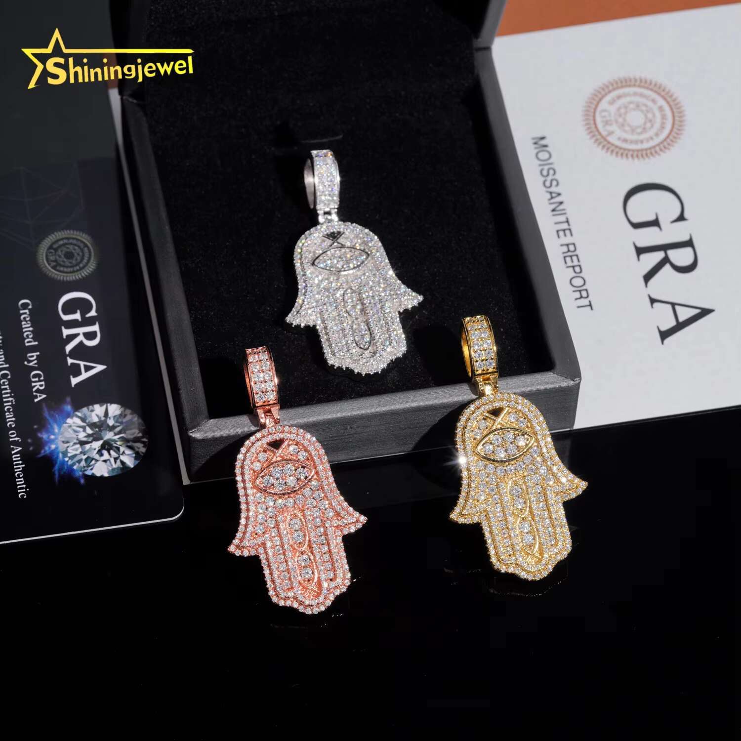 Factory Price RTS 925 Sterling Silver Gold Plating Hip Hop Jewelry VVS Diamond Necklace Moissanite Iced Out Hamsa Pendant