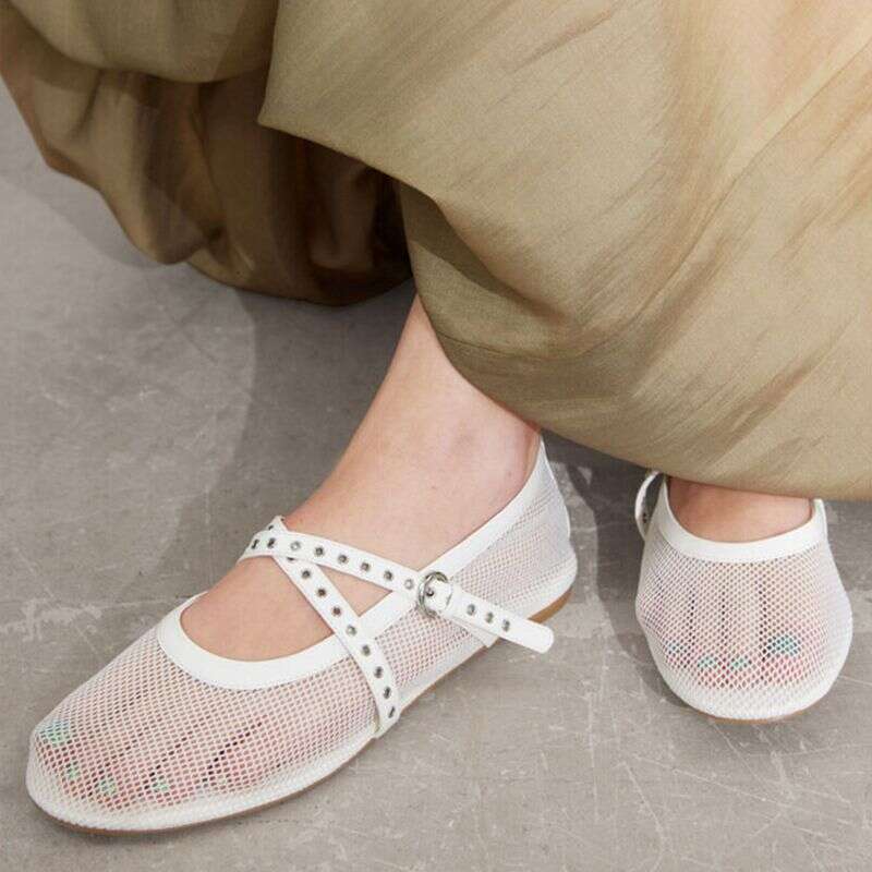 Genuine Leather Flat Ballet for Women Spring Summer New Breathable Mesh Round Toe Mary Jane Shoes