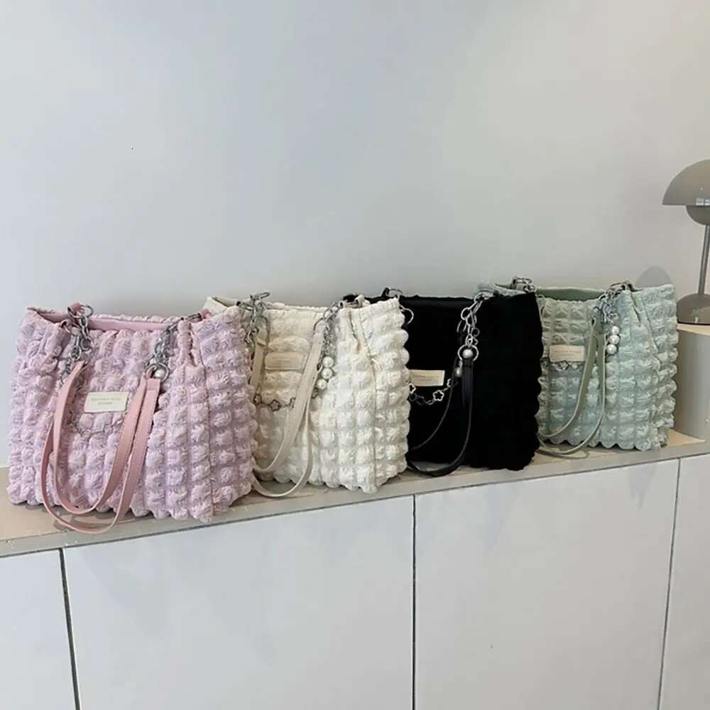 Large Capacity Ladies Tote Bag Fashion Plaid Women's Beaded Chain Shoulder Bags Soft Fabric Commuter Female Handbags Purse