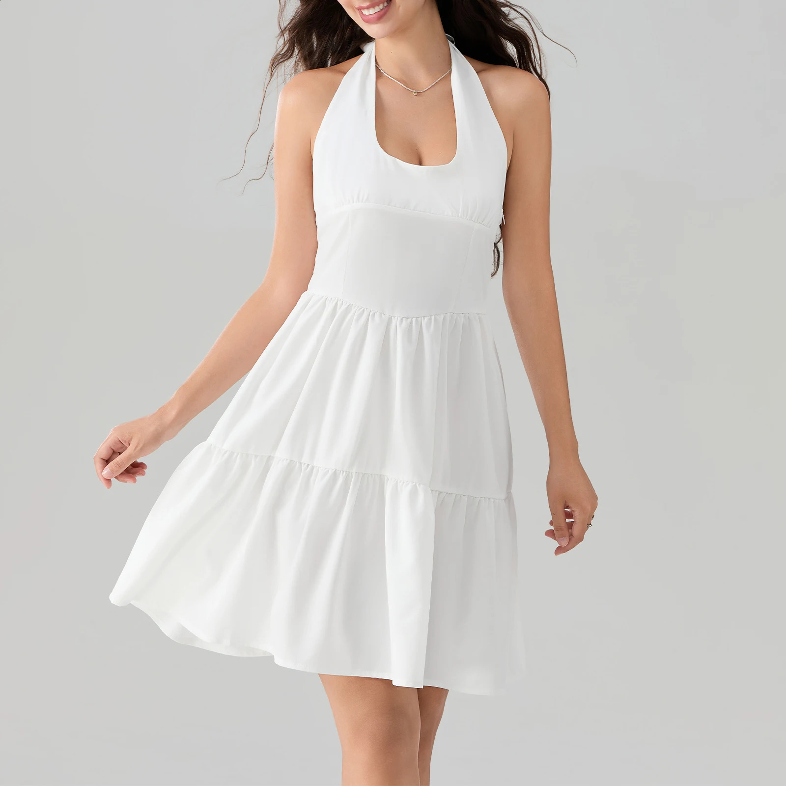 Womens Halter Neck Tied Short Dress Stripe/Solid Backless Sleeveless A-Line Tiered Ruffle Mini Dress for Party Classic Vestidos 250526