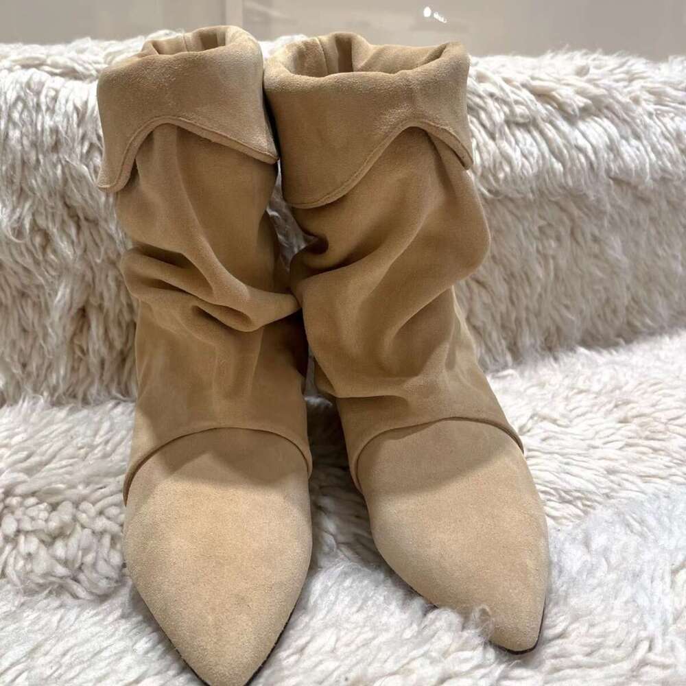 Korean Style Niche Design Pleated Slouch Pointed Toe Western Cowboy for Women 2024 New Autumn Winter Kitten Heel Ankle Boots