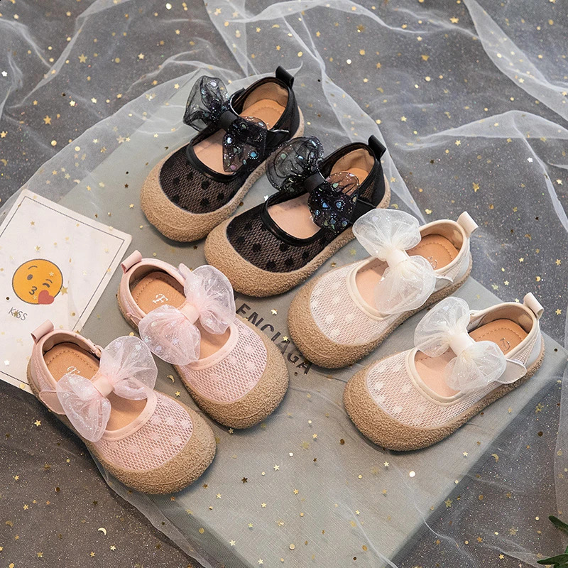 Girls Mesh Childrens Fashion Versatile Breathable Mary Jane Mesh Bow Summer and Spring Kids Princess Shallow Flats 250527