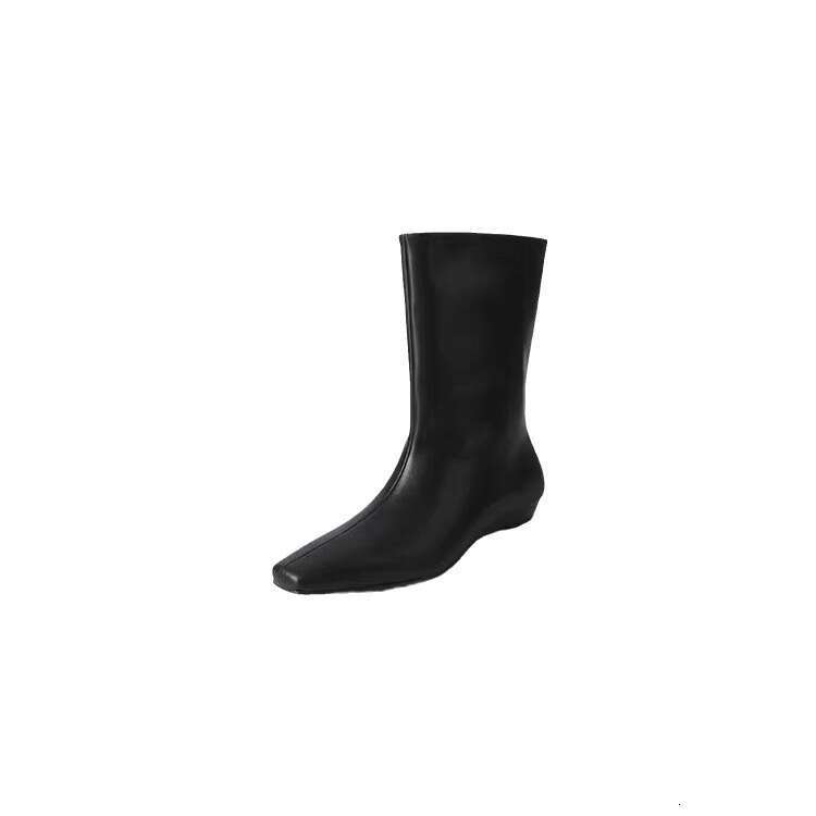 Genuine Leather Korean Style Square Toe Flat Mid-Calf Short for Women 2024 Autumn Winter New Versatile Western Cowboy Boots