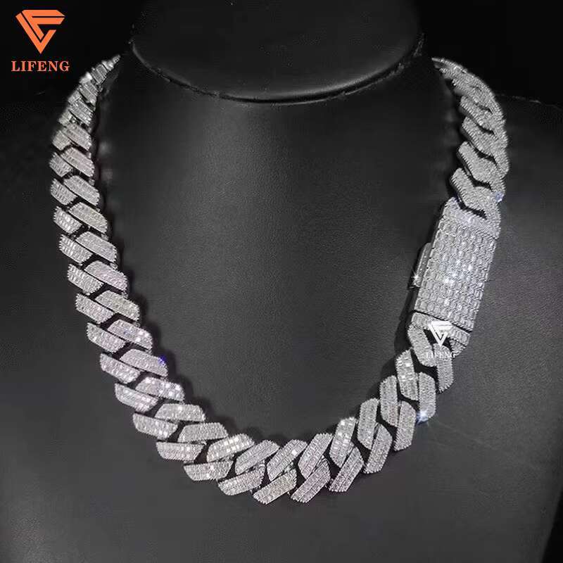 Customizable 18K Gold 925 Sterling Silver VVS Moissanite Diamond 20mm Baguette Fashionable Fine Hip-hop Cuban Link Necklaces for