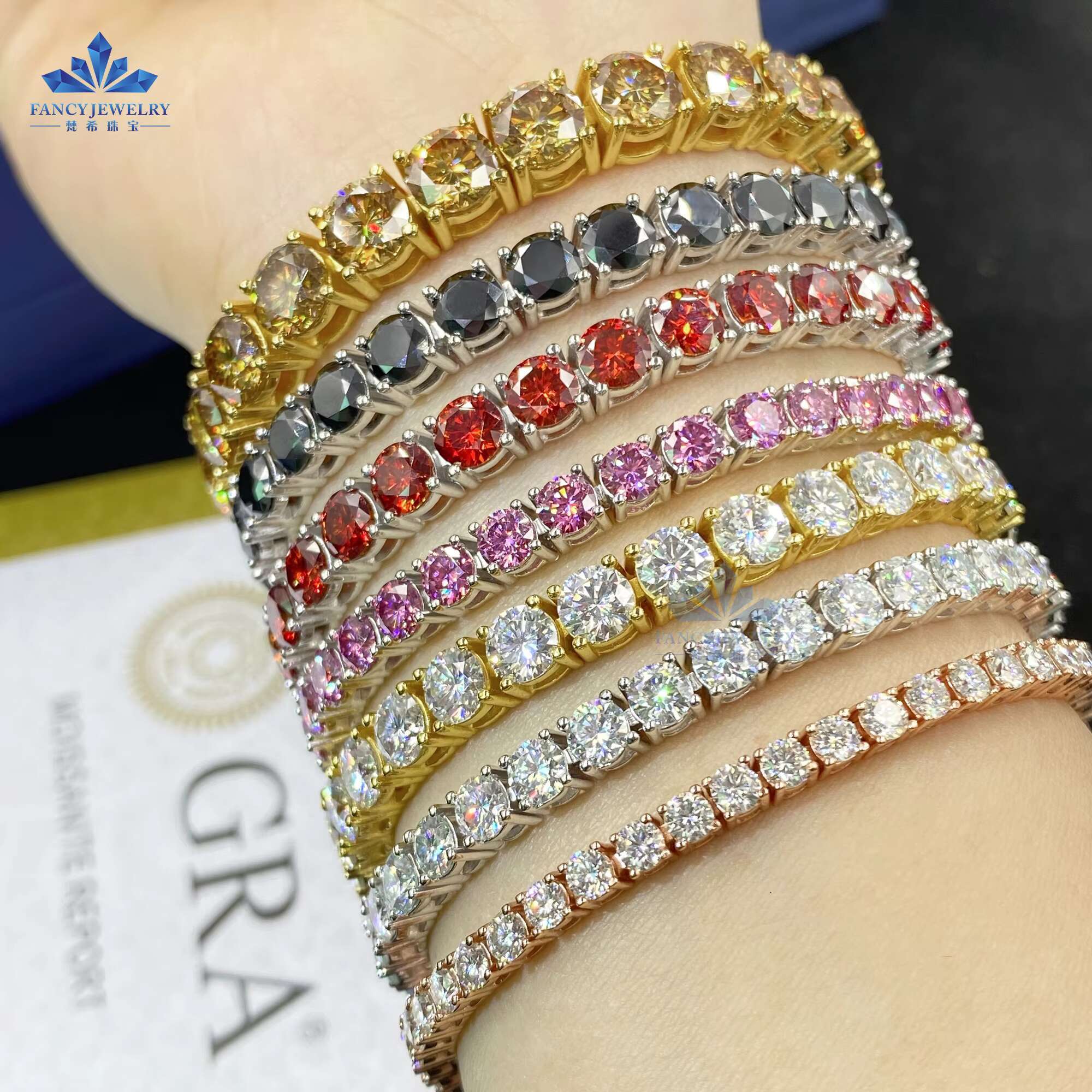Drop Shipping VVS Diamond Tennis Chain 6.5mm Red Yellow Green Blue Pink Moissanite Tennis Chain 925 Sterling Silver