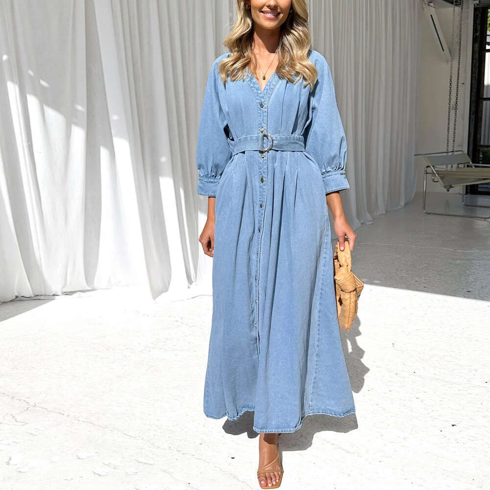 Autumn Winter New V-Neck Tie Waist Casual Button Denim Long Dress B5