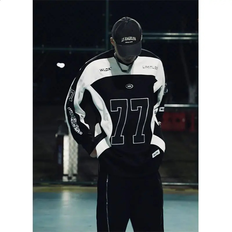 American Retro Motorcycle Long Sleeved Shirt Men Women Autumn Street Cool Patchwork Sports Ice Hockey Suit Sweatshirt 250527