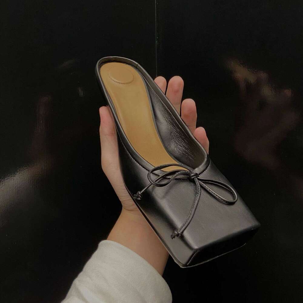 Genuine Leather Niche Design Bowknot Square Toe Flat Mules for Women Outdoor Spring Summer New Sandals Single Shoes