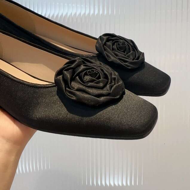 Korean Style Genuine Leather Satin Small Fragrance Camellia Flat Square Toe Shallow Mouth Single Shoes for Women Spring Summer Flower Loafers