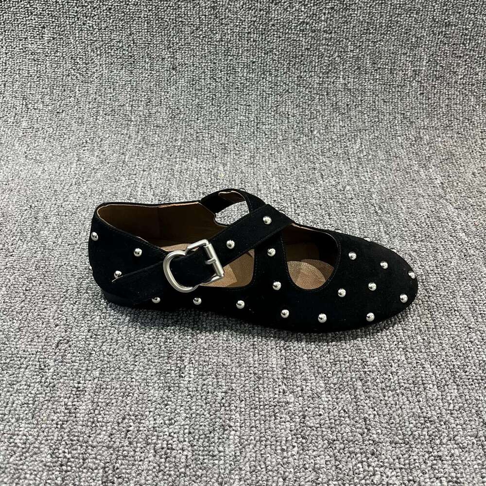 Genuine Leather Korean Style Studded Round Toe Cross Strap Mary Jane for Women 2025 Spring Summer New Ballet Flat Shoes