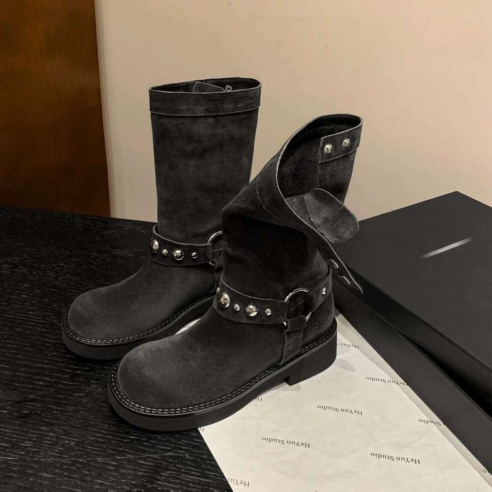 Korean Style Melard Thick Sole Chunky Heel Round Toe Metal Buckle Martin Short Mid-Calf Boots Women 2024 New Autumn Winter