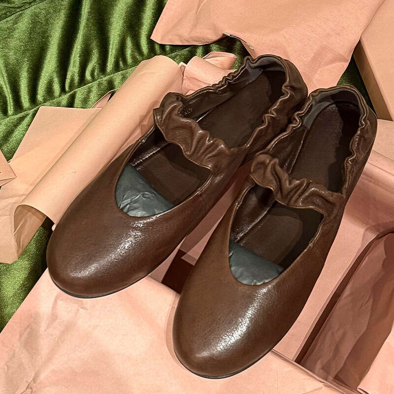 Genuine Leather Korean Style Round Toe Shallow Mouth Pleated Strap Mary Jane Shoes for Women 2025 Spring Summer Ballet Flats