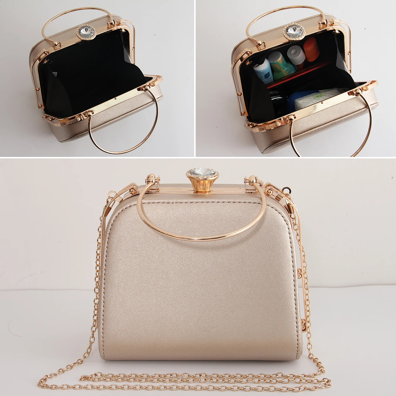 Ladies Elegant Solid Color Evening Bag Fashion PU Handbag Rhinestone Lock Buckle Hundred Shoulder Crossbody Bag with Chain 250528