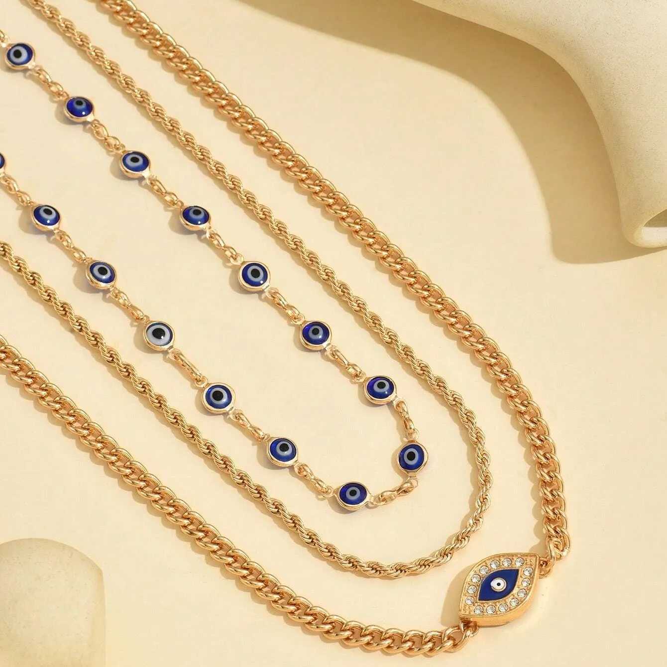 Boho Lucky Multi-layers Crystal Evil Eye Pendant Necklace For Women Geometric Round Charm Clavicle Chain Beach Jewelry XJ250528