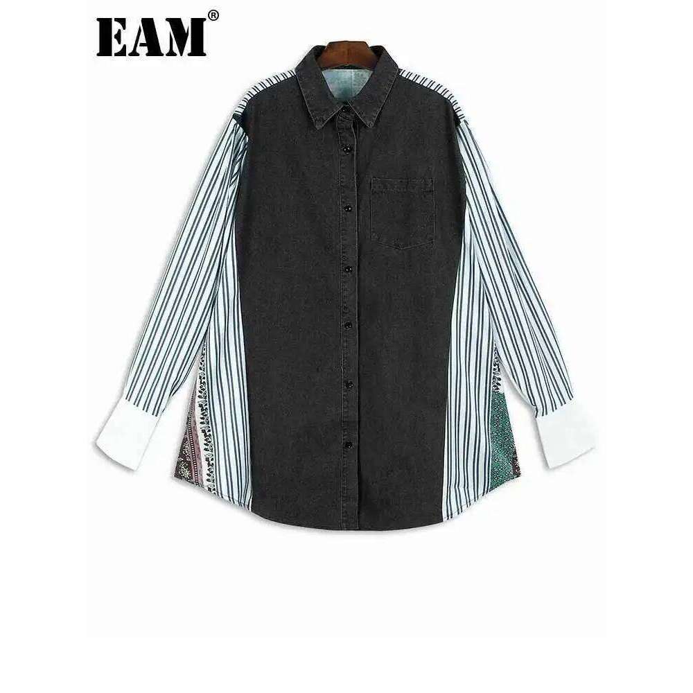 Women's Wear Women Blue Pattern Printed Denim Big Size Blouse New Lapel Long Sleeve Shirt Fashion Tide Spring Autumn 1Dh4876