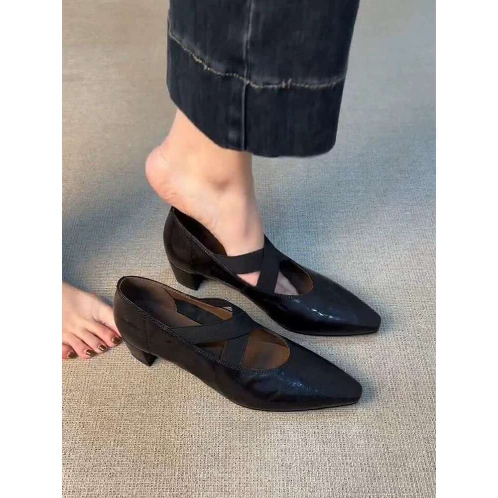 Genuine Leather Square Toe Cross Strap Mary Jane for Women 2025 New Spring Chunky Mid Heel Commuter Shoes