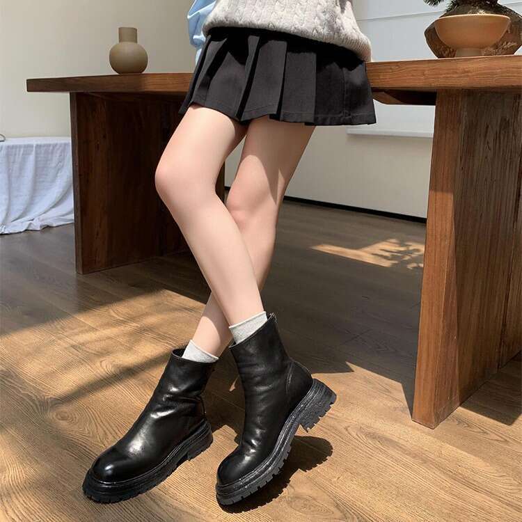 Genuine Leather British Style Martin for Women, Autumn and Winter Thick Sole Chunky Heel Round Toe Washed Ankle Chelsea Motorcycle Boots