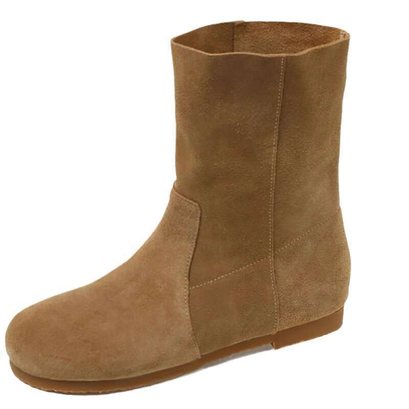 Genuine Korean Style Suede Turned Leather Round Toe Flat Slim Short Women 2024 New Versatile Mid-Calf Denim Boots