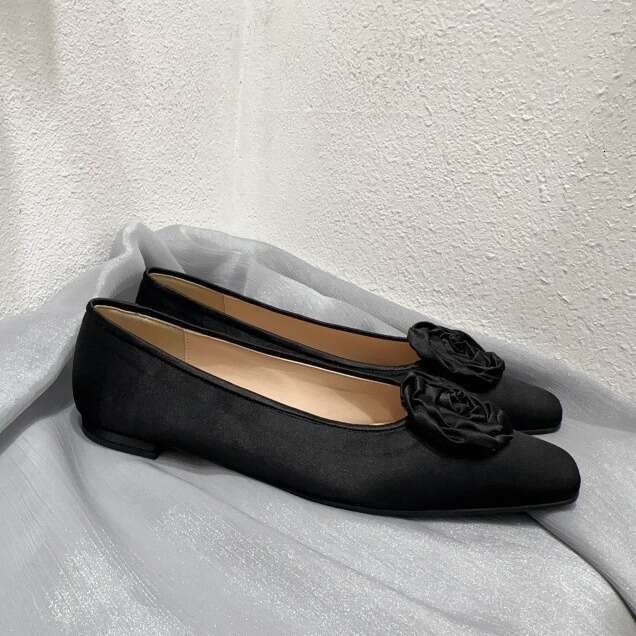 Korean Style Genuine Leather Satin Small Fragrance Camellia Flat Square Toe Shallow Mouth Single Shoes for Women Spring Summer Flower Loafers