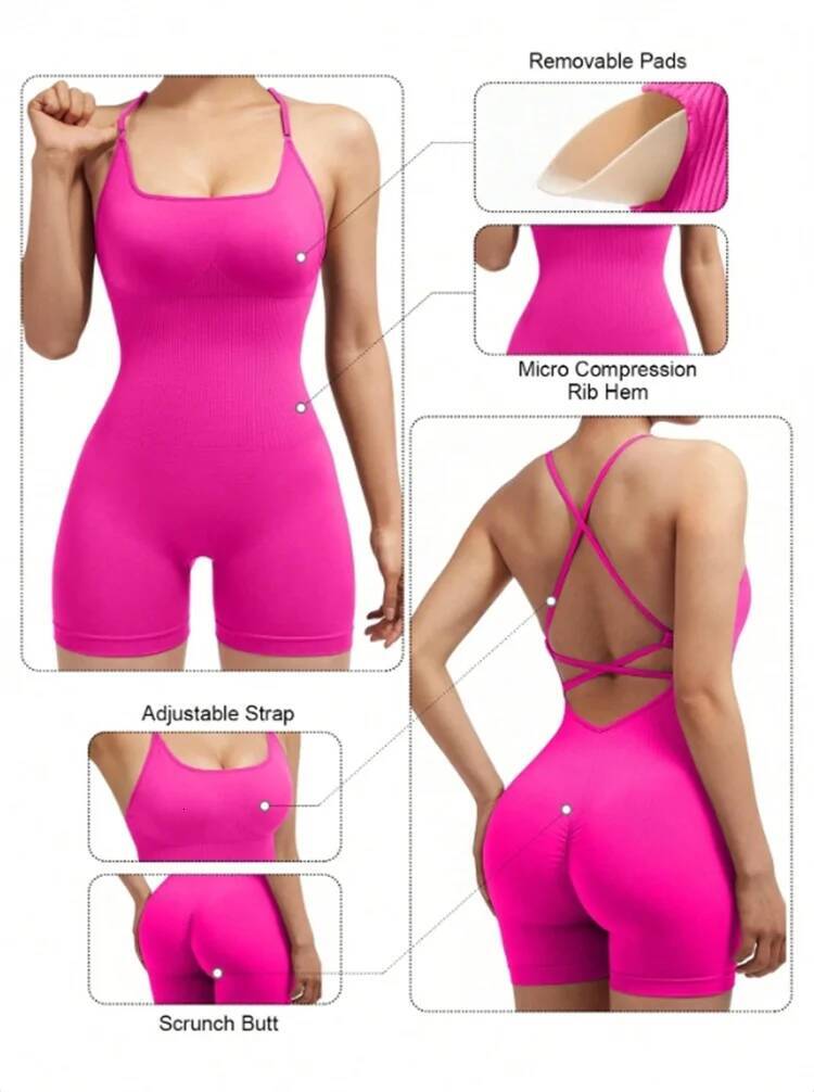 Summer Solid Jumpsuit Skinny Short Bodycon Nylon Bodysuit Yoga Sports Workout Gym One Piece Ribbed for Women