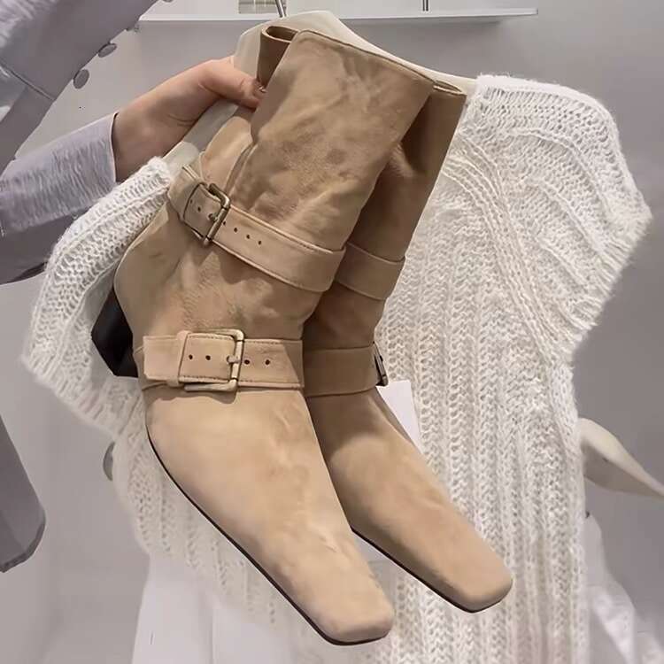 Korean Style Niche Suede Belt Buckle Chunky Heel Square Toe Short Slim Women Autumn Winter Western Cowboy Boots