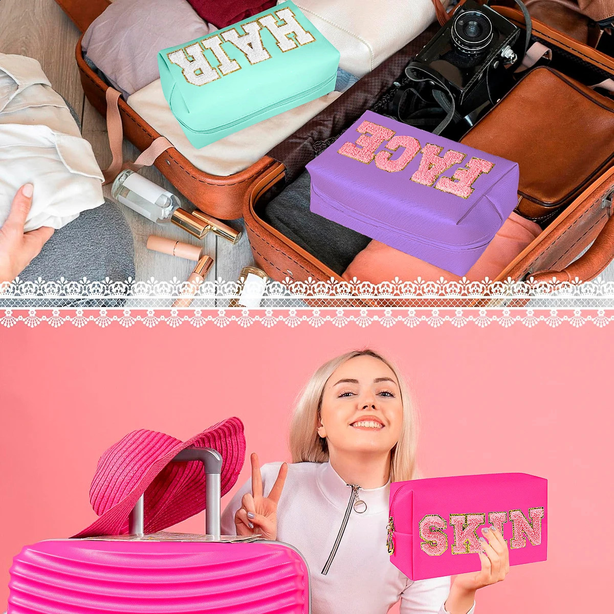 Chenille Letter Cosmetic Bag PU Leather Waterproof Pouch Cute Zipper Organizer Skin Hair and Facezmt 250528