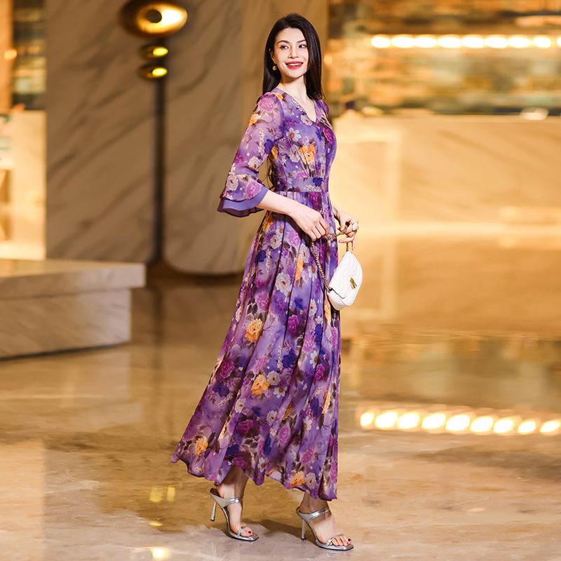 Sophisticated Women's Long-Sleeve Floral Print Dresses - Elegant Full Length Evening Wear