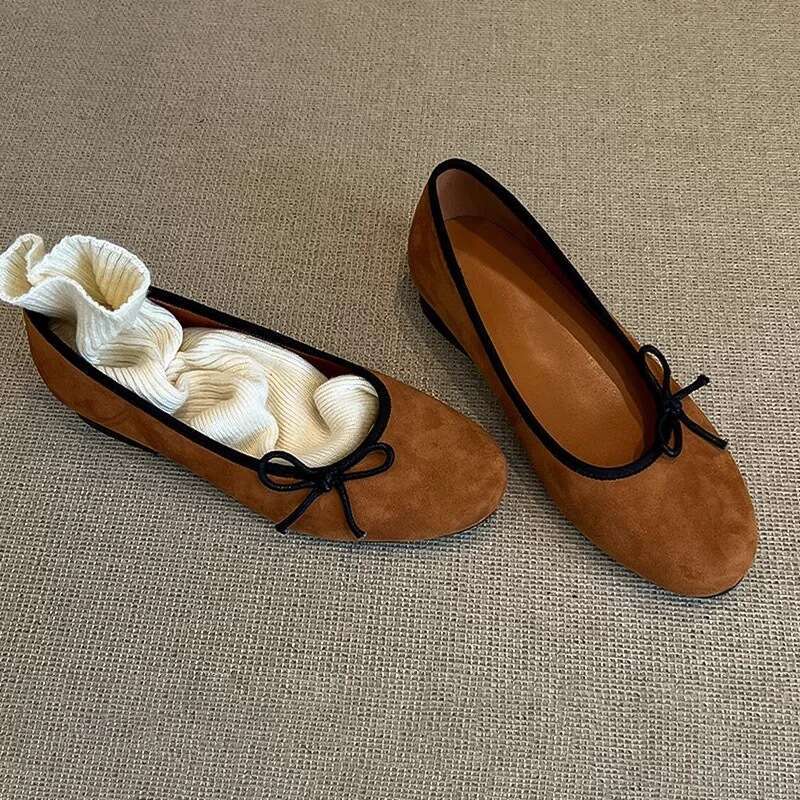Genuine Leather Bowknot Shallow Round Toe Ballet Flats for Women 2025 New Spring Versatile Loafers Single Shoes