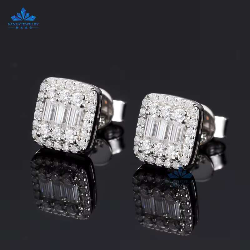 2025 Fashion Top Quality Cushion Cut Moissanite Stone Design 925 Silver Men Moissanite Stud Earrings