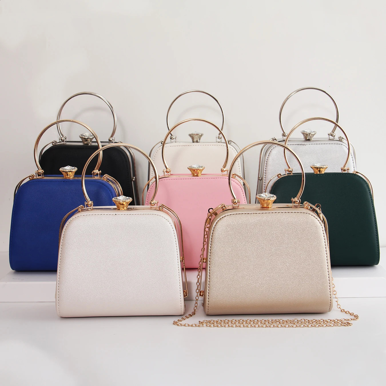 Ladies Elegant Solid Color Evening Bag Fashion PU Handbag Rhinestone Lock Buckle Hundred Shoulder Crossbody Bag with Chain 250528