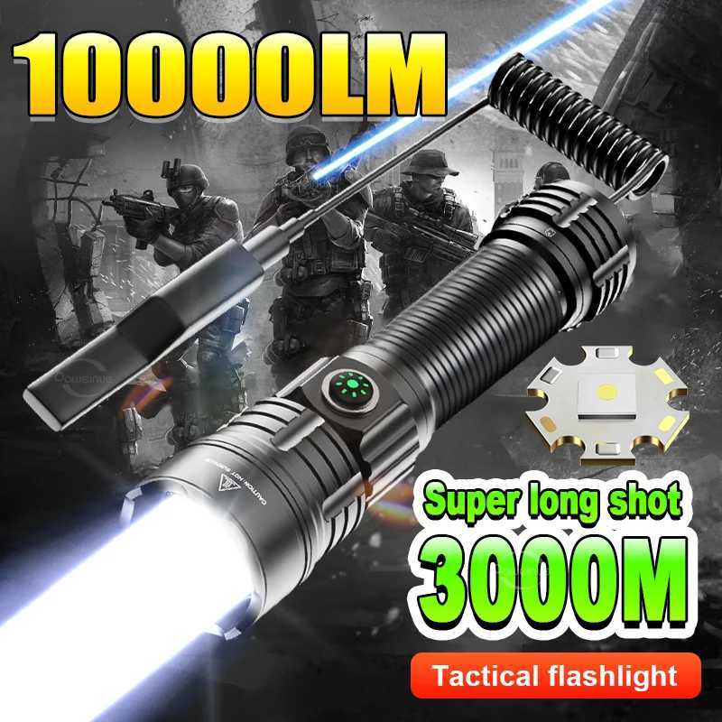 10000LM LED Flashlight Military Tactical Flashlight Long Range 3000M Ultra Powerful LED Torch Rechargeable Army Tactical Lantern XJ250529