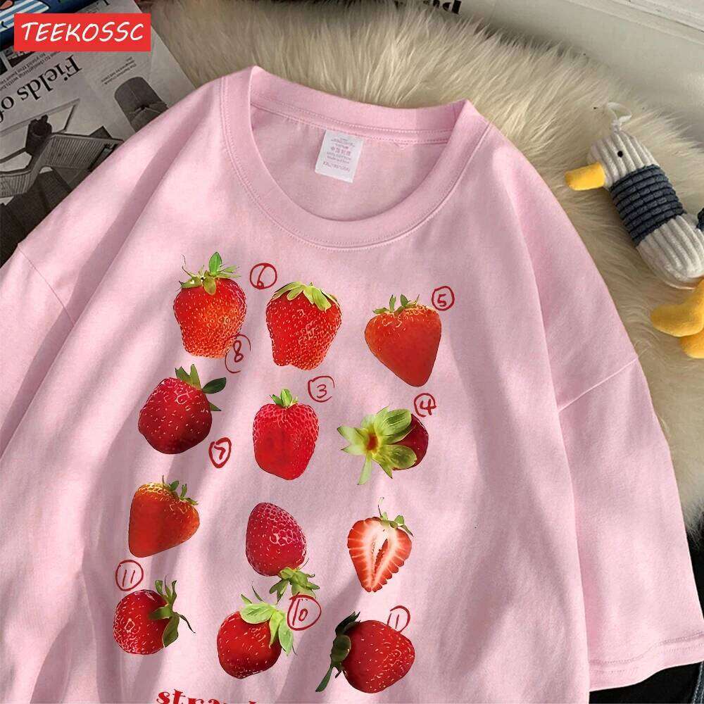 hoodie Women's Wear 100% Cotton Women T-Shirt Cute Fresh Strawberries Printed Tee Shirt Summer Comfortable Loose Tops Street Fashion Female Cloth